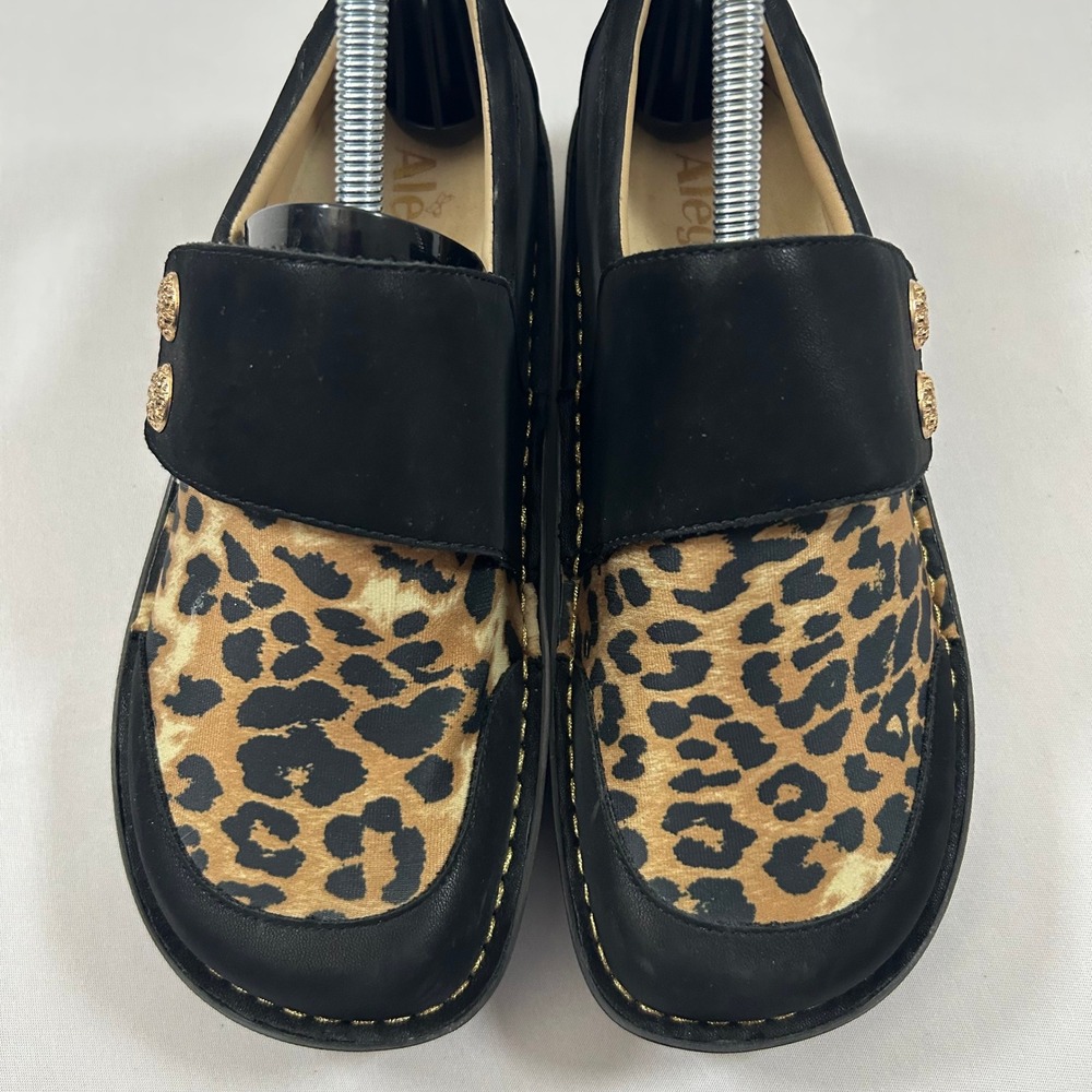 Alegria Loafers Womens 37 / 7 Black Sarah Leopard Animal Print Leather Hook Loop - Picture 2 of 11